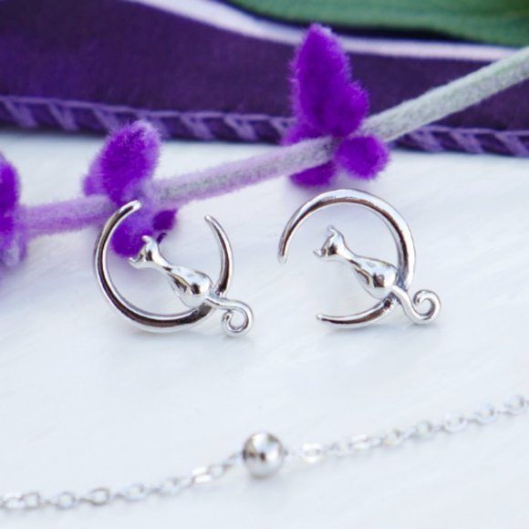 3 for $18 - S925 Plated Adorable Cat Moon Studs - Picture 4 of 5